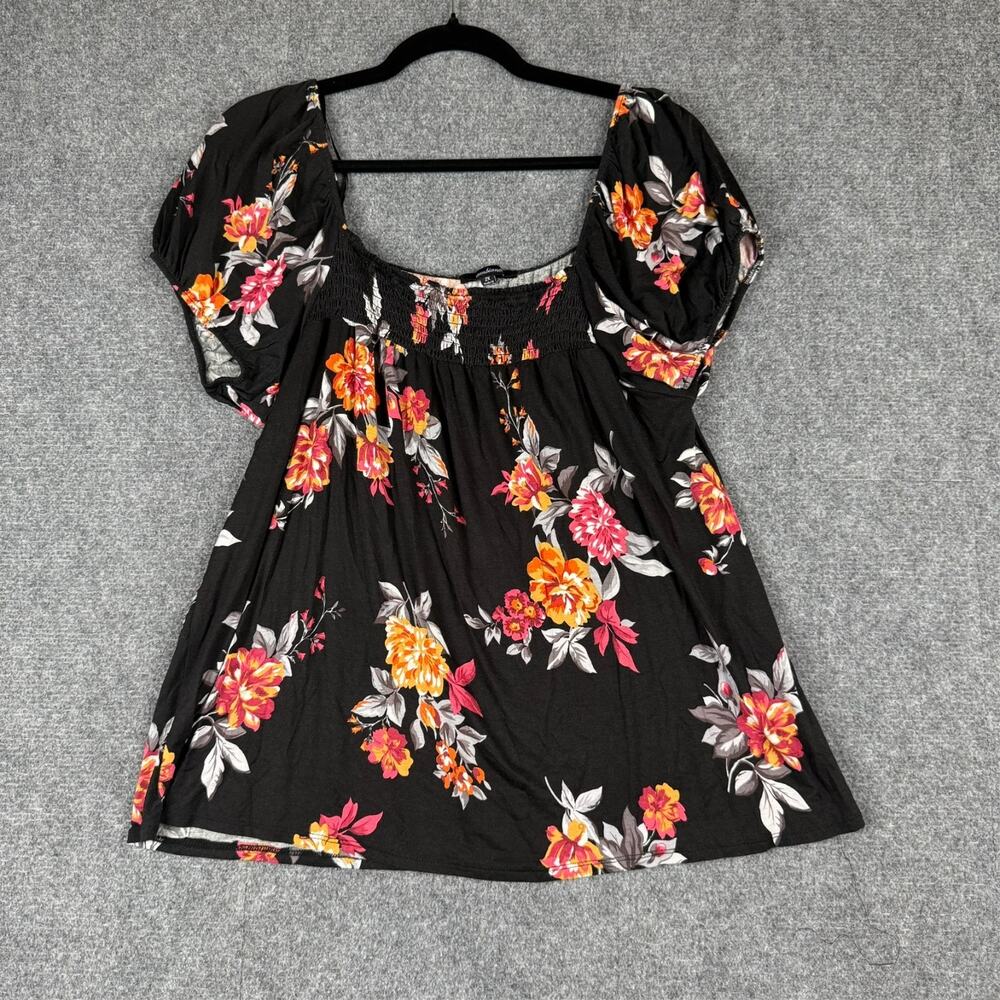 Ambiance Apparel Plus Size 2X Blouse Black Floral Smocked Babydoll Puff Sleeve